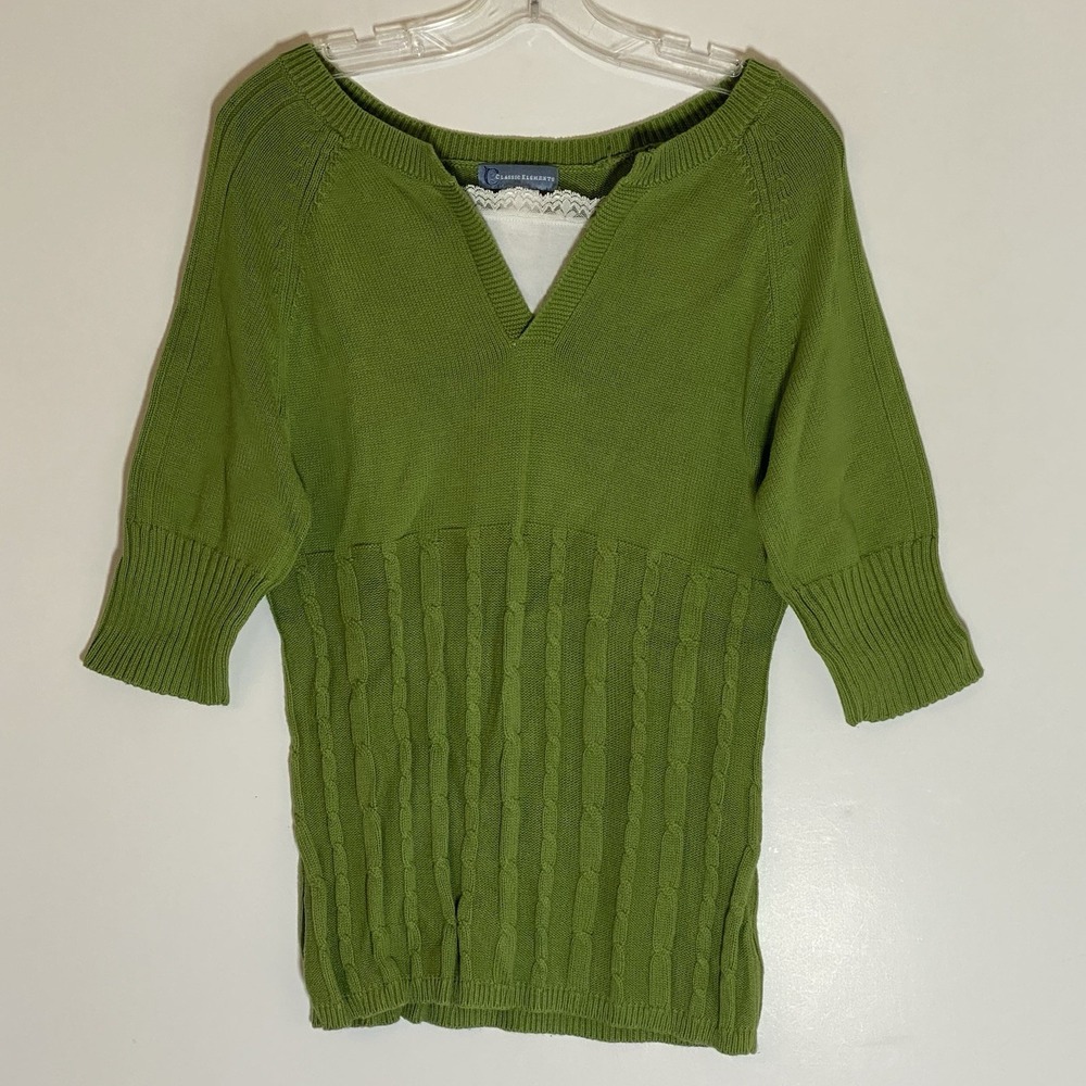 Vintage Classic Elements Sweater Womens Medium Green‎ Knit Split Neck Pullover M
